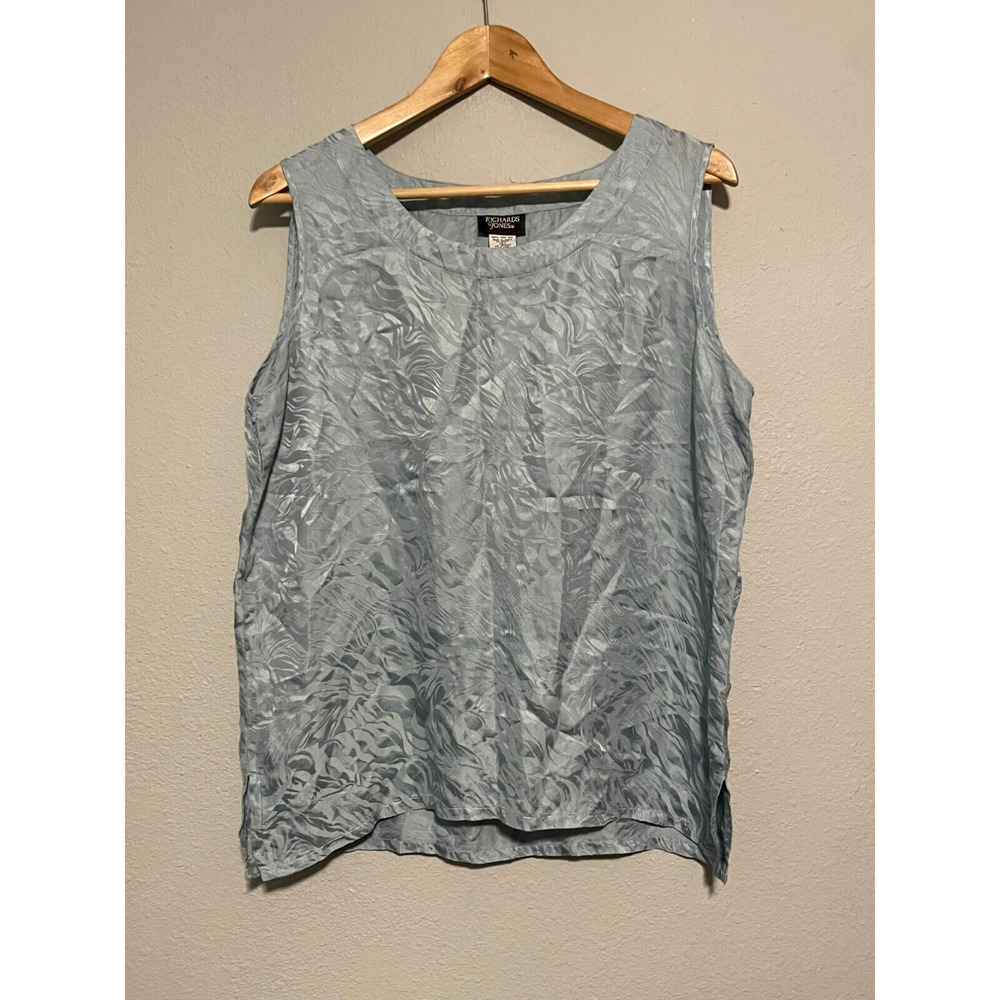 Vintage Richards & Jones Women Top Large Blue Silk Satin Abstract Sleeveless 90s